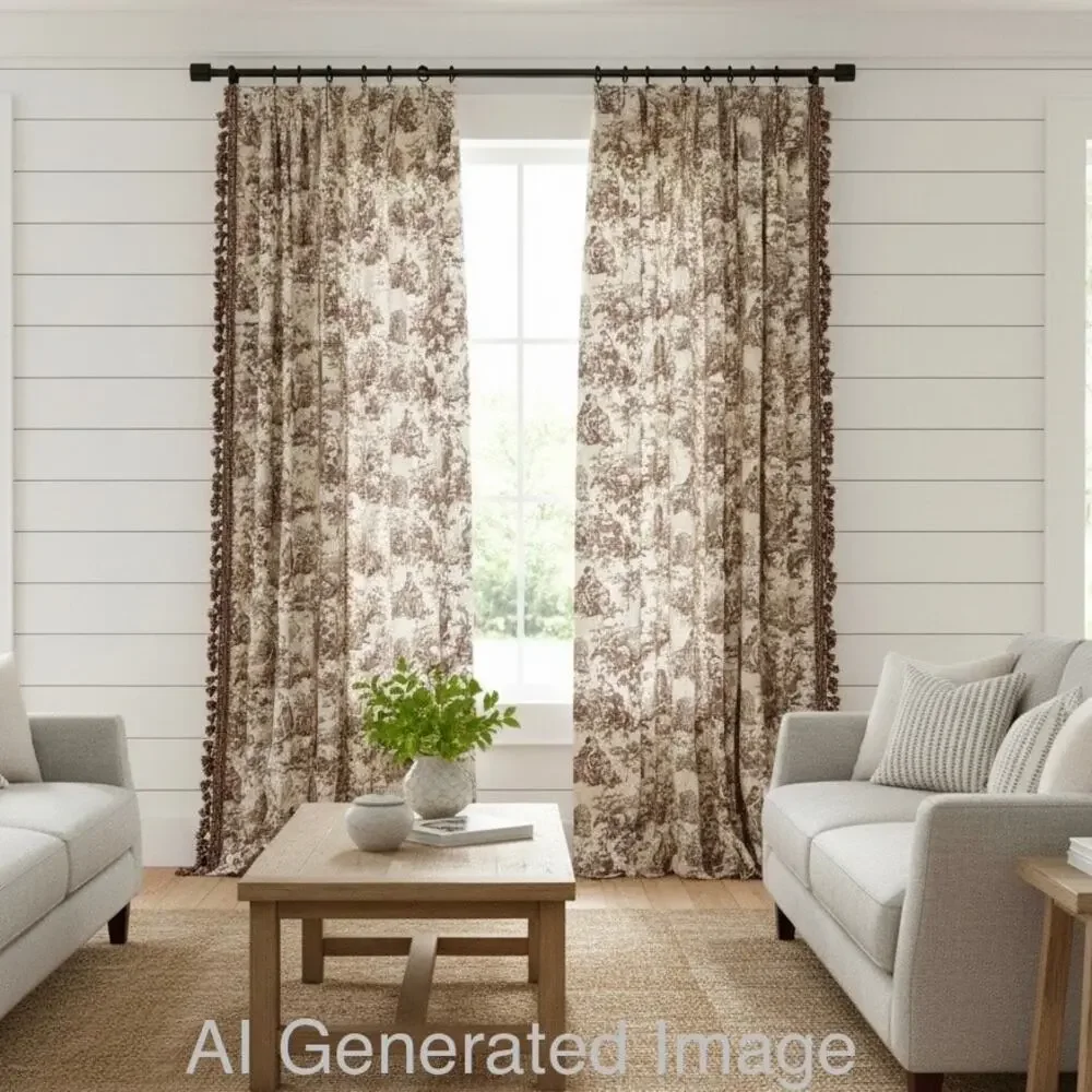 Vtg Laura Ashley House Party Toile Pinch Pleat Lined Curtains Panels 28x86 Brown